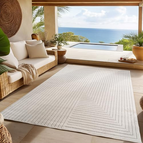 SIMPEX Alfombra Exterior Resistente a la Lluvia para salón, Dormitorio, terraza - Pelo Corto Crema, Efecto Alto-Bajo, Suave y Lavable, Apta para Exterior, Fácil de Limpiar, 160x230 cm