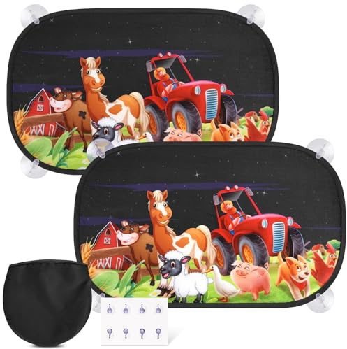 2 pièces de pare-soleil pour voiture pour bébé avec protection UV, 51x31 cm de protection solaire pour fenêtre de voiture pour enfants, 8 ventouses et thème de ferme