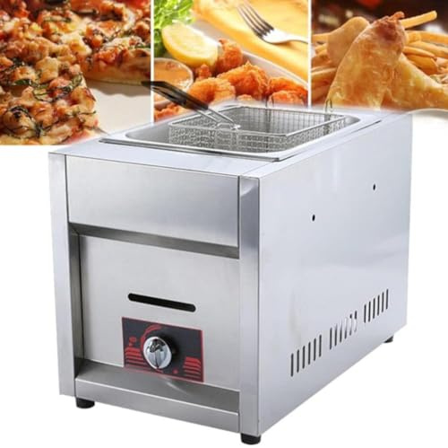 SFNIOKFG Friteuse à gaz GPL Commerciale en Acier Inoxydable, friteuse à gaz Professionnelle 6L/12L avec Panier et Couvercle, Puissance de feu réglable adaptée au Poulet Frit et aux Frites,