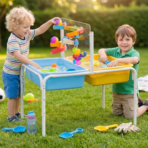 FUNLIO Sand and Water Table, 3 - Level Height Adjustable for Kids 3-6 Years, 4 in 1 Kids Sensory Table with 2 Storage Bins, Acrylic Board, Slide Track Toy, Windmill Toy & Beach Accessories