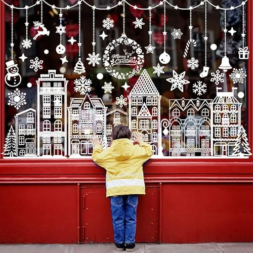Lonya 5 Blätte Fensterbilder Weihnachten Groß Winter Haus Schneeflocken Weihnachtsdeko PVC Selbstklebend für Fenster Glastür Weiß,30x90cm