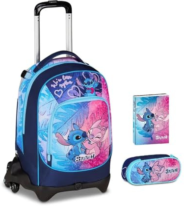 Seven Schultrolley mit 3 Rädern – Stitch Cute And Fluffy Umarmung – 3 in 1, dreifache Verwendung, Grundschule für Mädchen + ovales Reißverschluss-Federmäppchen + Tagebuch 2025/2025 + 7 löschbare