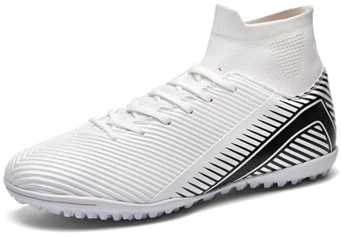 Kmrlofiy Fotbollsskor herr High Top Spike Cleats professionella fotbollsskor pojkar barn utomhus atletiska skosnören sportskor träningsskor, Vit 3, 42 EU