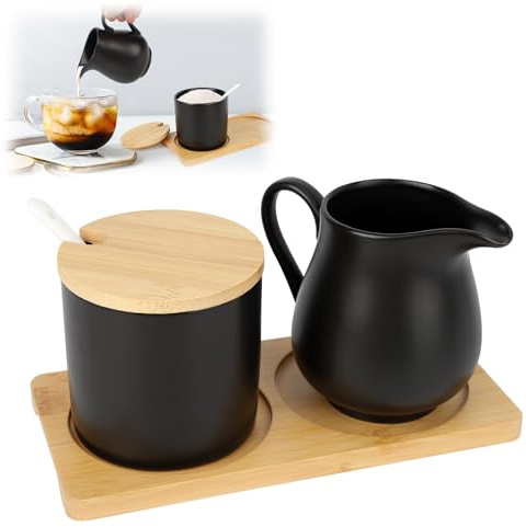 Ruaizel Set di Latte e Zucchero con Coperchio e Cucchiaio, brocca per Latte in Ceramica Bianca e zuccheriera con Vassoio in Legno, Lavabile in lavastoviglie e microonde (Nero)