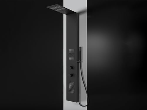 LANERI Pannello Doccia Slim Idromassaggio in Acciaio,3 Vie con Getti Massaggianti, Soffione Slim e Doccetta, Design Moderno (Nero Opaco)