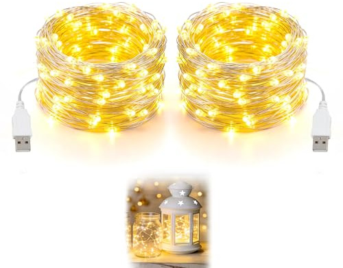 Catena luminosa a LED per interni, USB 5 m, 50 LED, luce bianca calda, flessibile, filo di rame, per interni con spina, pieghevole, per camera da letto, finestra, decorazione di Natale, matrimonio