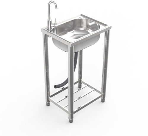 Lavello Autoportante Acciaio Inox, Lavandino da Esterno con Rubinetto Lavandino Commerciale Lavello di Utilità Lavabo Cucina Lavamani Industriale Per Esterni Cortile Garage Campeggio 50X40cm