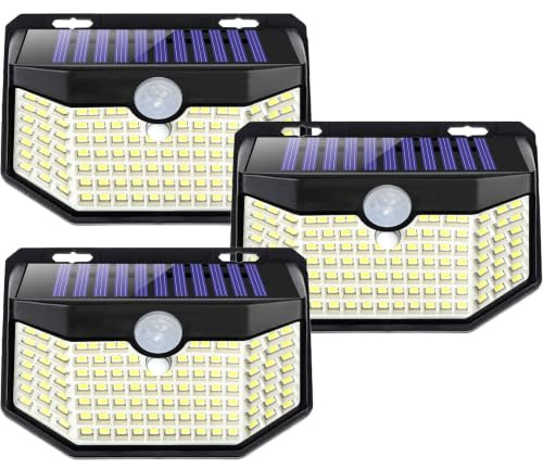 Aootek Luces Solares Exterior LED, Pack 3 Focos Solares con Detector de Movimiento 8m, 120 LEDs IP65 Impermeable, Diseño Angular, Batería de Litio, Luz Blanca Fría, Carcasa Negra