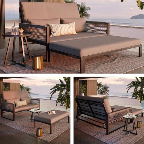 Dolamaní Gartenliege Wetterfestes Outdoor für 2 Personen, Rückenlehne mit Klappfunktion, Inkl. Glas-Couchtisch & Polstern, Gartenlounge 2 Sitzer mit Hocker und Glastisch (Grau)