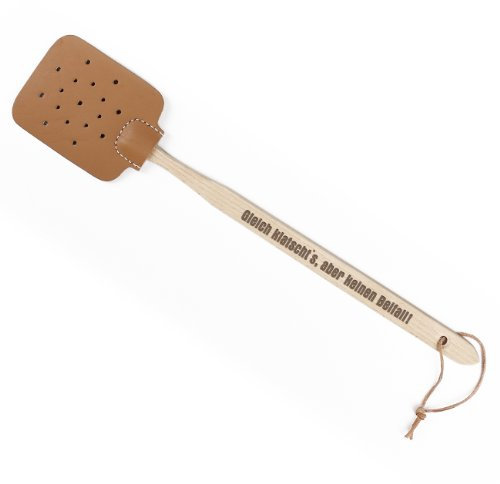 Cera & Toys® Fliegenklatsche Leder mit Holzgriff mit Spruch - Gleich Klatscht's Normal