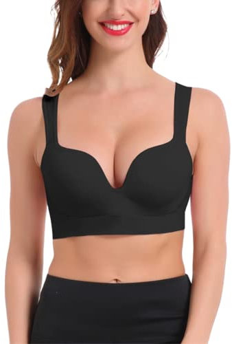 URPLITY Women's Seamless Sports Bra Yoga Bra Padded Cotton High Impact Push up Support Pullover Breathable Comfy Sport Camisole U Plunge Bra, Black, L