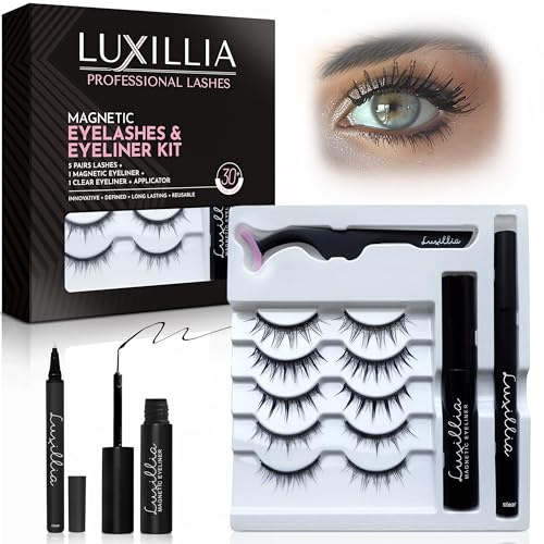 Luxillia 8-Piece Clear & Black Magnetic Eyelashes with Applicator & Magnetic Eyeliner Kit – Reusable Natural Magnetic Lashes – Easy Apply Lash Kit for Beginners – Waterproof Dramatic Looks