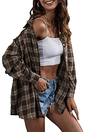 Bozanly Chemise à carreaux de buffle en flanelle pour femme, chemisier surdimensionné boutonné