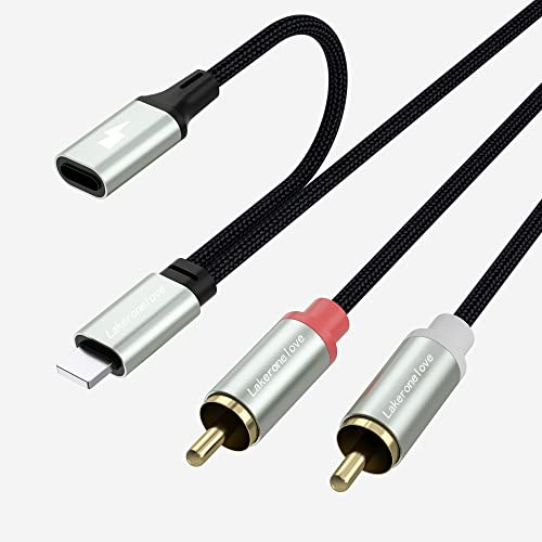 Lakeronelove Lightning auf Cinch Kabel, Mit aufladendem 2RCA zu Adapter Audio Kabel Chinch Kabel Kompatibel mit Lightning 13/12/11/XS/SE/8/7/6/5 Lautsprecher Stereoanlage usw Plug and Play (1M)