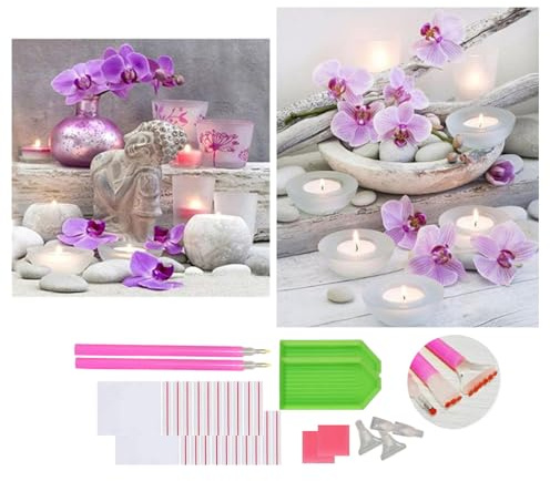 DOUKOYEE Diamond Painting für Erwachsene Blumen Buddha und Kerze Bilder DIY 5D Diamant Malerei Kit Stickerei Set Kreuzstich Diamant Painting Bilder Wall Home Room Decoration (C)