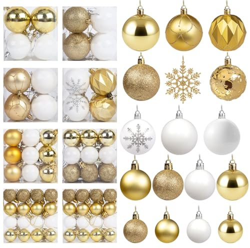 DomeStar 112-teiliges Weihnachtsbaumkugel-Set, Weihnachtskugel-Ornamente, glitzernde bruchsichere Kugeln, goldfarben, weiß, für Weihnachtsbaum, Kranz, Weihnachten, Party, Hochzeit