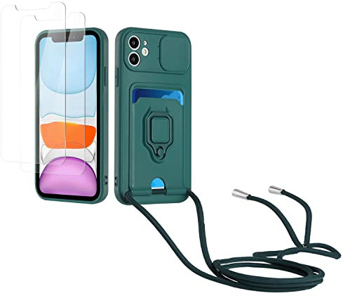 Kaslly Case für iPhone 11 Handykette Hülle+[2 Schutzfolie Glas],Slide kameraschutz,Silikon Handyhülle zum Umhängen Kette,Kartenfach-dunkelgrün