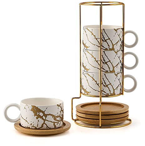 LUKA Taza de café expreso de porcelana con soporte de metal, apilables, de cerámica, de 6 onzas, para café con leche, café, moca, té (juego de 4, blanco)