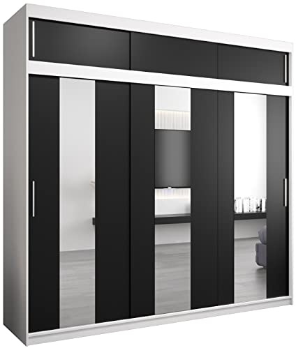 ABIKSMEBLE Pole 250 Armoire de Rangement à Trois Portes Coulissantes pour Chambre à Coucher avec Miroir, Tringle et Étagères - 250x240x62 cm (L x H x P) - Blanc Mat + Noir Mat avec Extension