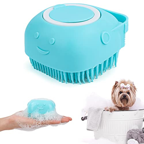 Hundbadborste, hundtvättborste av silikon, tvättborste för hundar med schampodispenser, husdjur silikon badborste, massageborste för hunddusch (blå)