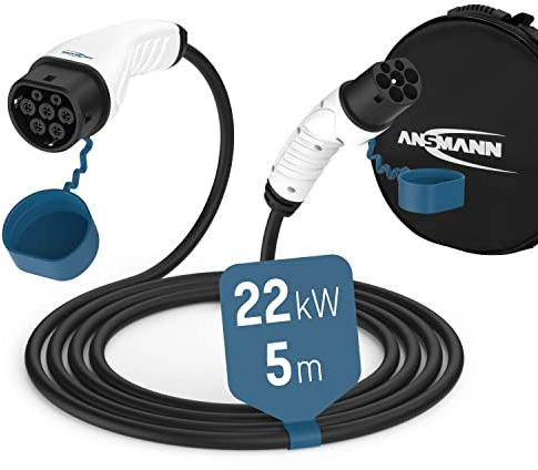 ANSMANN Ladekabel Typ 2 für Elektroauto - 22 kW 5m Ladekabel 3-phasig | Typ2 EV Ladekabel für E-Autos & Hybrid wie Tesla Model 3, ID.3, ID.4, Zoe - Inklusive Tasche & IP55 Schutzklasse