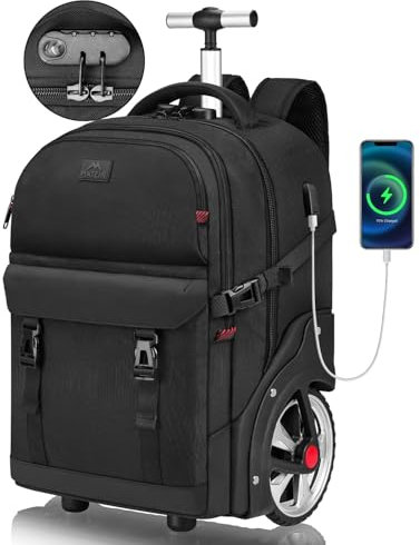 MATEIN Trolley Rucksack mit Rollen, 17,3 Zoll Trolley Rucksack mit Groß Rädern, 50L Reiserucksack mit rollen Einschließen USB-Ladeanschluss &Kombinationsschloss, Wasserdichte für Arbeit Reise, Schwarz