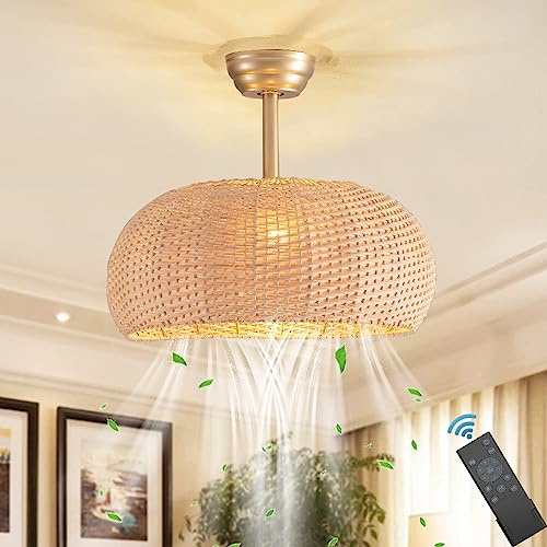 Deckenventilator mit Beleuchtung und Fernbedienung Leise Fan Kronleuchter E27 Vintage Rattan Pendelleuchte Industrial Ventilator Deckenleuchte für Schlafzimmer Wohnzimmer Esszimmer Küche Lüfter Licht