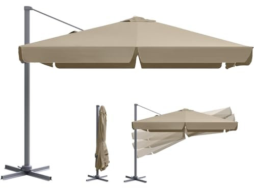 Sekey Alu Sonnenschirm Ampelschirm 300 cm x 300 cm, mit Kurbelbedienung, 360° drehbar und neigbar, inklusive Fußpedal, quadratisch Gartenschirm mit UV50+ Sonnenschutz für Garten und Terrasse