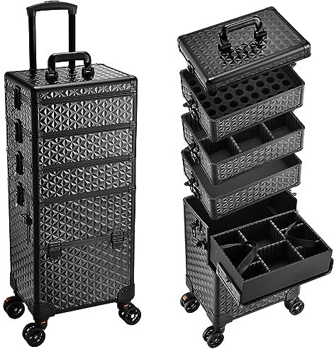 Kosmetik Trolley 5 in 1 Kosmetikkoffer Trolley Make up Koffer Groß Friseurkoffer mit Rollen Schminkkoffer Beauty Case Nagelkoffer,Hellschwarz