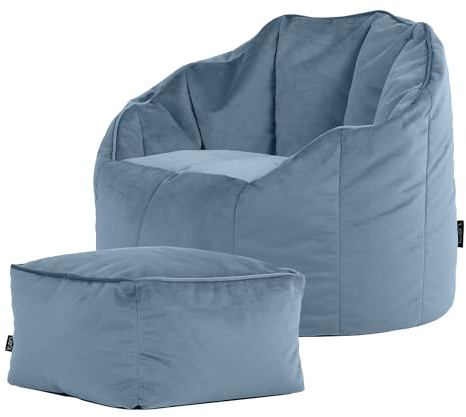 Icon Sirena Sitzsack Sessel mit Hocker für Erwachsene, Hellblau, Flauschiger Samtstoff, Riesen Sitzsack Samt mit Füllung, Bean Bag Chair, Bequemer Sessel Wohnzimmer, Lounge, Schlafzimmer, Büro