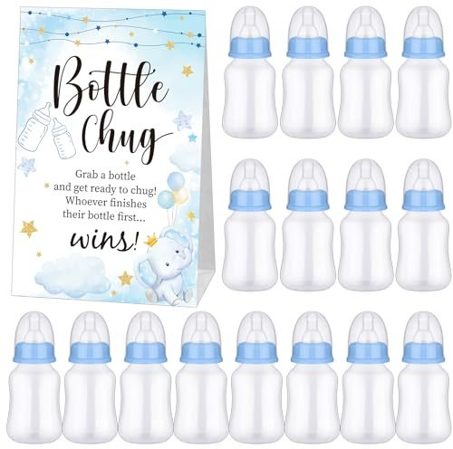 TrelaCo Bottle Chug Baby Shower Game 20 Pcs Baby Bottles Shower Favor with 1 Elephant Theme Sign for Gender Reveal Party Supplies Gifts(Blue)