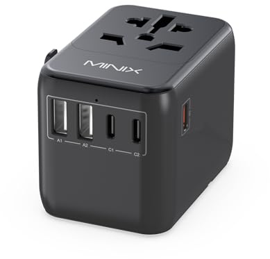 MINIX Reiseadapter Weltweit 35 W Universal-Reiseadapter, Reisestecker Adapter Weltweit mit 3 USB-C- und 2 USB-A-Anschlüsse, weltweites All-in-One-Wandladegerät für USA, EU, UK, AU und über 180 Länder