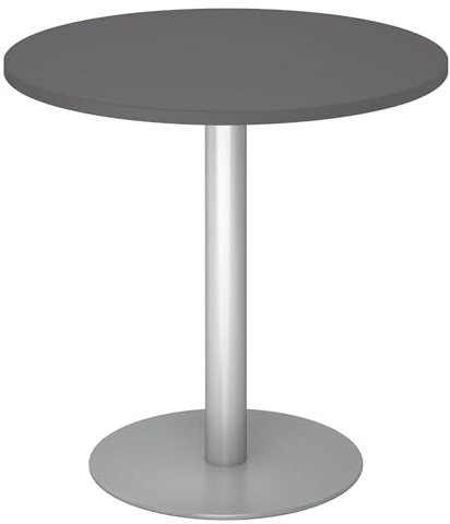 bümö Besprechungstisch, Esstisch klein, Tisch rund 80x80 cm in Graphit, Gestell: Silber - Kleiner Rundtisch für 2 Personen mit Holz-Platte, Säule aus Metall, Konferenztisch, Bistrotisch