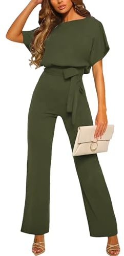 amropi Damen Kurzarm O-Ausschnitt Elegant Lang Jumpsuit Overall Hosenanzug Playsuit Romper Grün,M