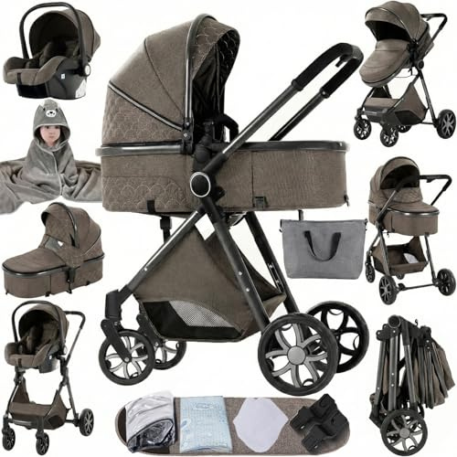 Sianldcone Kinderwagen 3 in 1, Hochwertige Stoffe Kinderwagen Set, Zwei-Wege-Schiebefunktion Reisesysteme, Offene Sicht Kombikinderwagen 3 in 1 Komplettset (V9 Chocolate)