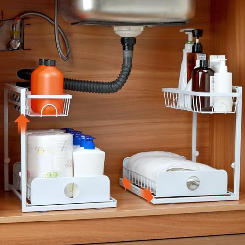 FUNYKICH 2 Etagen Unter Waschbecken Regal Organizer, L Form Spülschrank Organizer Höhenverstellbar mit Abnehmbare Pads, Doppeltes Schiebedesign, Waschbeckenunterschrank Organizer für Küche, Bad usw.