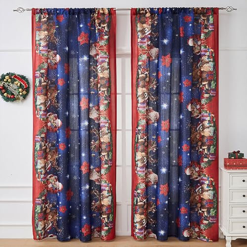 Lukery Weihnachten Transparent Vorhänge Wohnzimmer 2er Set Weihnachtstag Lang Halbtransparent Gardinen Vorhänge Durchsichtig für Fenster Küche Wohnzimmer Landhaus (140x160cm,Weihnachten)