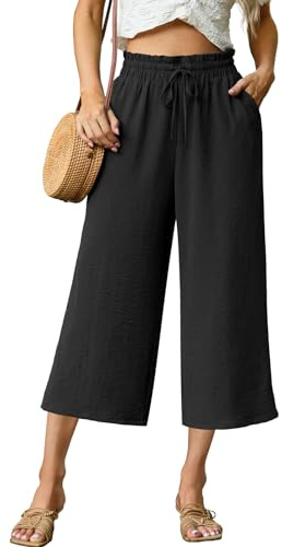 FREEOAK Summer Capri Pants for Women High Waist Wide Leg Palazzo Linen Pant with Pockets Flowy Casual Cropped Beach for Spring Break Black Size Medium