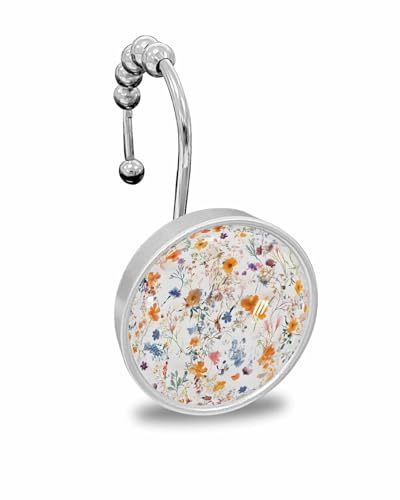 Shower Curtain Hooks Set of 12, Watercolor Flowers Plants Wildflowers Crystal Glass Showers Curtains Rings, Bathroom Decorative Rod Stainless Steel Rust Proof Roller Hangers Hook