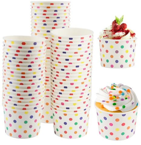 Xmart 50 stück Eisbecher Pappe 240ml Gelbe Farbe Eisschalen Papier Wiederverwendbar Pappe Pappschalen Dessertbechers mit Farbige Punkte für EIS Dessert Fingerfood Joghurt Snacks