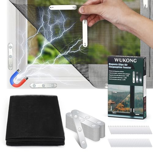 Wukong Fliegengitter Fenster 2er Set mit Magnet Click – 2 Moskitonetze 150x130 cm zuschneidbar, 24er Magnet-Set, einfache Montage ohne Bohren, wiederverwendbar, Insektenschutz Innen & Außen