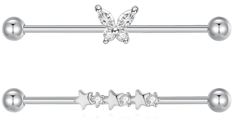 Gojewen 2pcs barre di piercing industriale 38mm argento ponteggi bilancieri 14G acciaio inox farfalla stella orecchio Piercing gioielli
