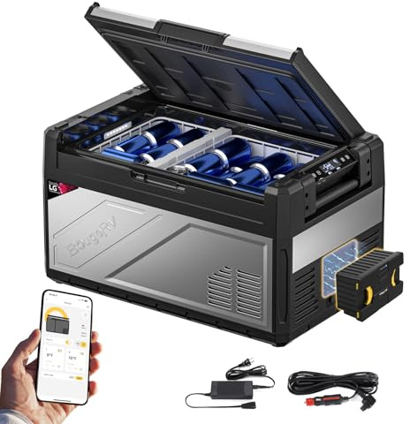 BougeRV Rocky2 39L Kompressor Kühlbox Auto mit Akku Kühlbox 12V 230V mit Akkubetrieb 173Wh Aufladbar Solaraufladung Dual Zone Auto Kühlschrank 12/24V Camping 5,7cc Kompressor Reisen Angeln bis -20 °C