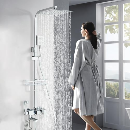 HARNART Colonne de Douche,Quatre Fonctions Douche avec Pommeau de Douche à Effet Pluie Douchette à Main,Pistolet de lavage avec Mise sous pression Robinetterie de baignoire,Chrom