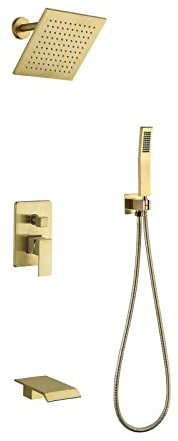 Shower Faucet Consealed Shower Mixer Set Square Rain Shower, Shower Mixer Set Shower Head and Hose and Holder Brushed Gold