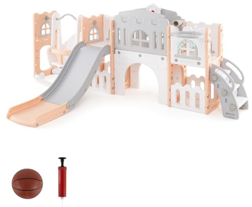 DREAMADE Toboggan Enfants avec Balançoire et Panier de Basket, Aire de Jeu Multifonctionnel Sécurisé en HDPE Robuste avec Accessoires Inclus (Rose+Gris)