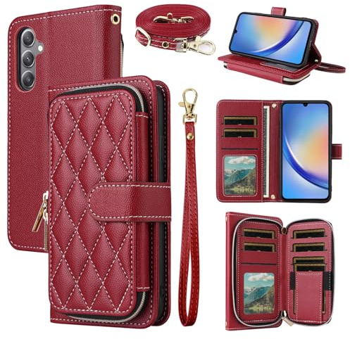 ELISORLI Argyle Wallet Case for Samsung Galaxy A16/A26 5G Women Men Red | Wrist Strap Shoulder Strap, Luxury PU Leather Zipper Purse, Card Holder, Stand, Phone Cover for A 16 26 16A 26A 4G SM-A166U