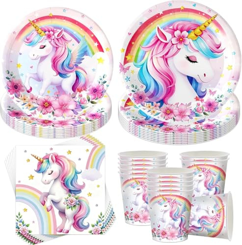 50 Stück Einhorn Partygeschirr Set,Einhorn GeburtstagGeschirr,Partygeschirr Geburtstag,Einhorn Geburtstag Set mit Papptellern, Tassenn & Servietten ,Party Geschirr für 10 Gäste