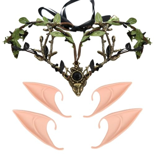 TaleMoon Kopfschmuck,Stirnband mit 2 Paar Elfenohren,V-Form Haarschmuck mit Kristalle für Hochzeit Karneval Halloween Cosplay