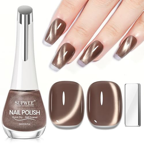 SUPWEE Braun Cat Eye Nagellack mit Magnet, Quick Drying Magnet Nagellack Ohne UV Oil Based Magnetic Nail Polish No Gel für Home Nail Art DIY Salon 16ML